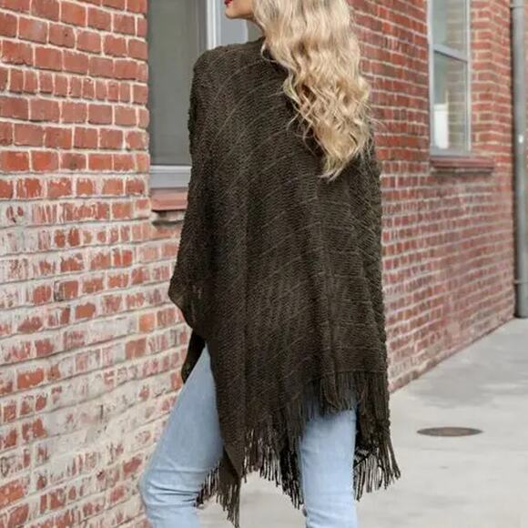 Olive Green Soft Diagonal Knit Tassel Fringe Trim Ruana Shawl Wrap - Picture 1 of 3